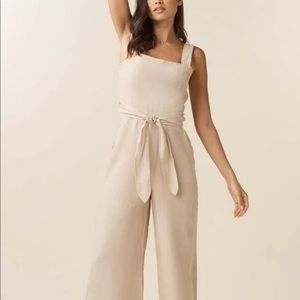 VETTA Beige Square-Neck Linen Jumpsuit with Waist Tie